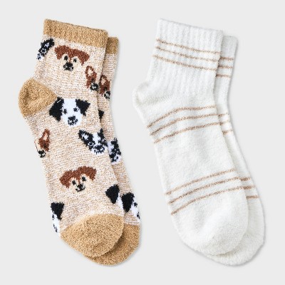 Women's Dogs 2pk Cozy Quarter Crew Socks - Tan/Ivory 4-10: Midweight Velour Ribbed Fabric, Animal Pattern, Machine Washable