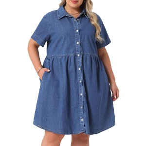 Agnes Orinda Women's Plus Size Denim Babydoll Tiered Short Sleeve Button Down Jean Shirt Dresses - 1 of 4