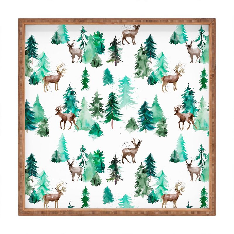 Ninola Design Deer Forest Watercolor Square Bamboo Tray - Deny Designs, 1 of 4