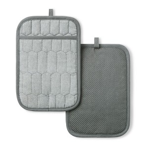 MARTHA STEWART Honeycomb Quilted Chambray Pot Holder 2-Pack Set, 100% Cotton, Flexible Non-Slip Silicone Grip, Heat Resistant, Grey, 7"X10" - 1 of 4