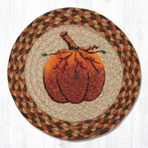 Earth Rugs Harvest Pumpkin Printed Round Trivet – 10"x10" Braided Jute Fall Décor Hot Pad with Rustic Autumn Gourd Design - 1 of 3