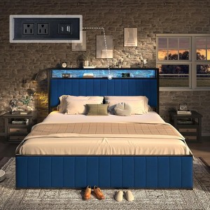 AMERLIFE LED Bed Frame with Foldable Ottoman, Charging Station, Velvet Upholstered Headboard - 1 of 3