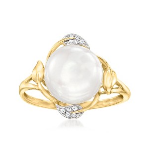 Ross-Simons 10-10.5mm Cultured Pearl Leaf Ring With Diamond Accents in 14kt Yellow Gold - 1 of 4