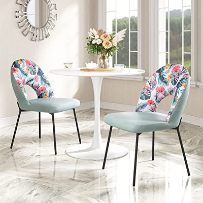 Green Velvet and Floral Print Side Chair with Metal Legs