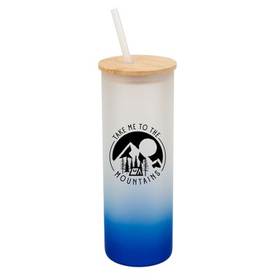 Elanze Designs Take Me To The Mountains Wrap-Around Design 25 Ounce Frosted Gradient Glass On-The-Go Coffee Travel Skinny Tumbler Mug Cup, Bamboo Lid
