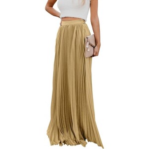 Flowy Pleated Maxi Skirt for Women, High Waist Chiffon Ankle-Length Skirt Khaki - 1 of 4