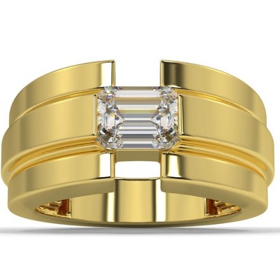 Pompeii3 2 Ct Emerald Cut Moissanite Solitaire 12mm Men's Ring White Yellow or Rose Gold
