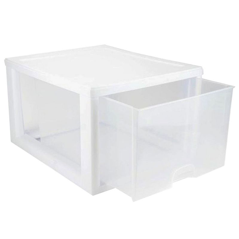 Sterilite 27 Quart Plastic Stackable Storage Container Bin w/Built-in Handles and Removable Lids, Clear Base w/White Frame, 4 of 8