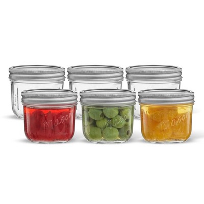 Wide Mason Jars with Airtight Lids, Labels and Measures - 8 oz - Set of 6