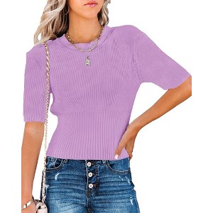 Clearlove Womens Short Sleeve Sweaters Summer Tops Crew Neck Lightweight Knit Sweaters - 1 of 4