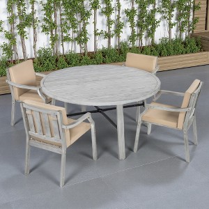 5-Piece Outdoor Patio Acacia Wood Round Dining Set with Umbrella Hole and 4 Cushioned Armchairs - 1 of 4