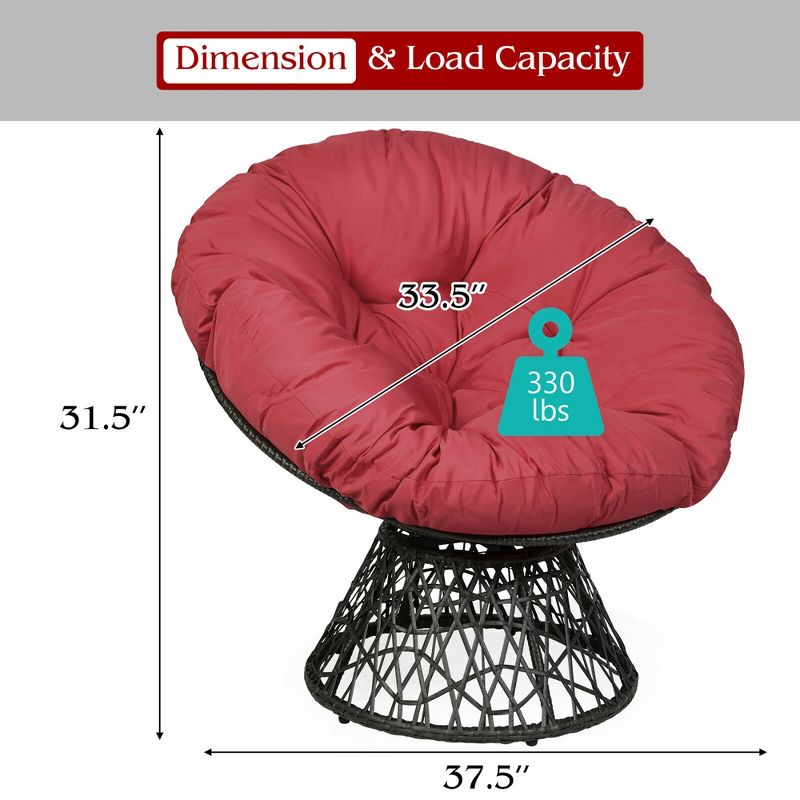 Costway Rattan Papasan Chair Ergonomic Chair 360-degree Swivel Soft Cushion Garden Red\ Black\Green, 3 of 11