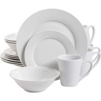Gibson Home 102563.16RM Classic Porcelain Zen Buffet 16 Piece Round Dinnerware Set with Multi Sized Plates, Bowls, and Mugs, White