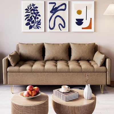 Modern 63.8" 3-Seater Sofa Couch in Light Brown Leather with Gold Metal Legs, Lift-Up Storage Compartment, Soft Foam Cushions & 2 Pillows