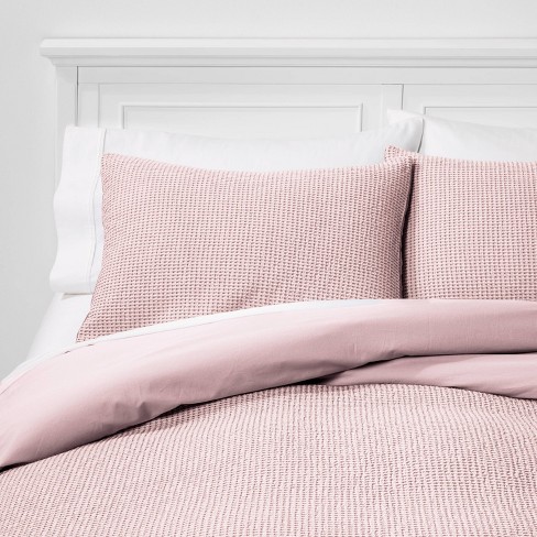 Full Queen Washed Waffle Weave Duvet Cover Sham Set Blush