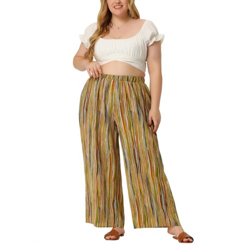 Agnes Orinda Women's Plus Size Boho Palazzo Elastic Waist Stripe Wide Leg  Lounge Pants Yellow 4X