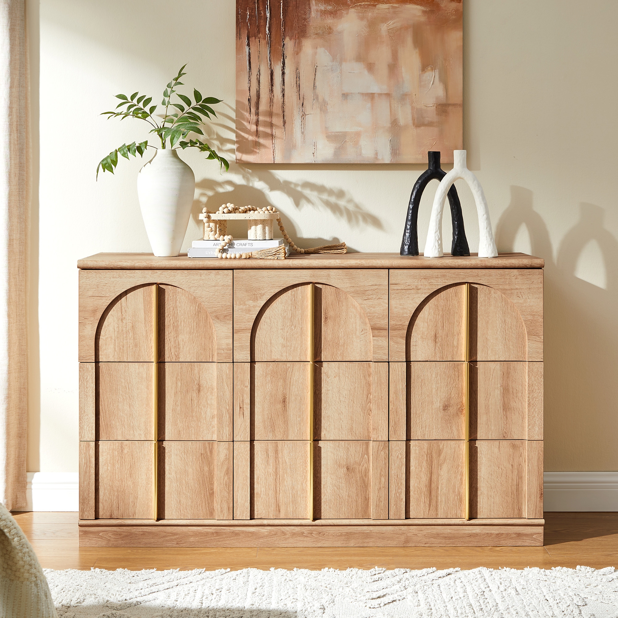 9 Drawer Dresser for Bedroom, 52"W Modern Chest of Drawers, Vanity Desk TV Stand for Living Room, Closet Storage Drawers Organizer Furniture, Natural