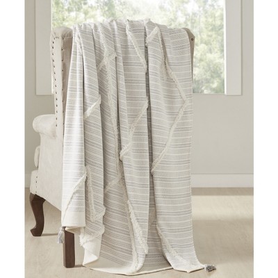 Gray Knitted Cotton Reversible Throw Blanket with Tassels