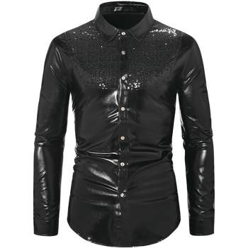Lars Amadeus Men's Slim Fit Button Down Party Disco Metallic Shiny Sequin Shirts