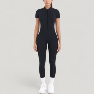 Anna-Kaci Active Women's Short Sleeve High Neck Open Back Zip-Up Jumpsuit with Fitted Silhouette and Scrunch Back Detail - 1 of 4