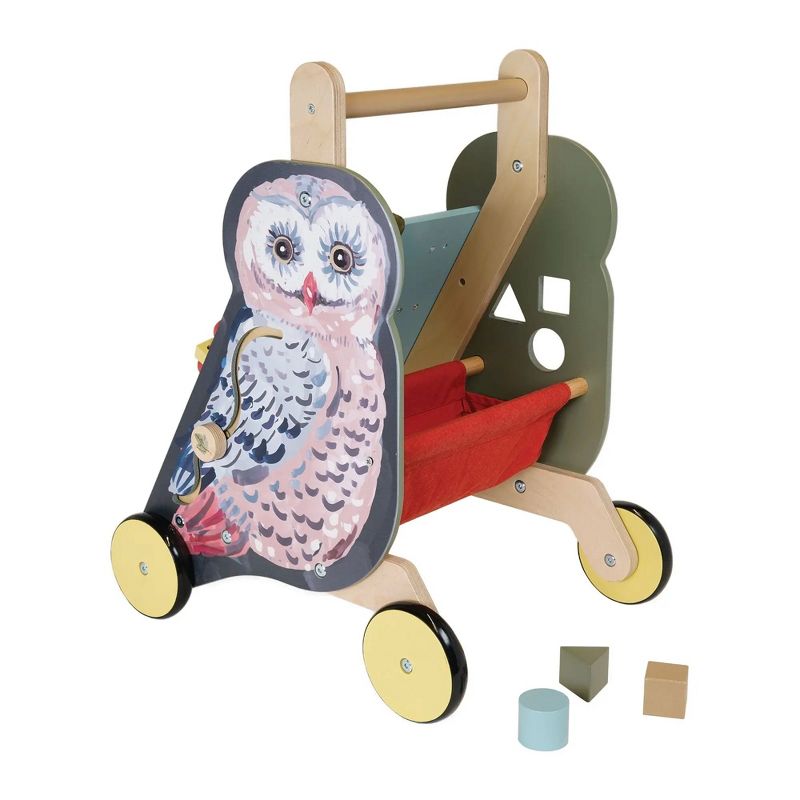 Manhattan Toy Wildwoods Owl Wooden Push Cart with Shape Sorter and Basket, Serrated Oval, Spinners, Bead Run and More, 1 of 10
