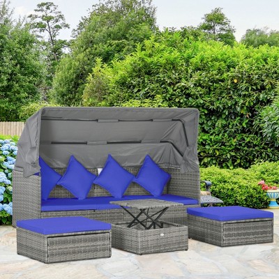 Dark Blue 6-Person Adjustable Canopy Outdoor Rattan Sofa Set