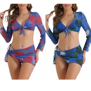 INSPIRE CHIC Women's Drawstring Halter Tie Back Triangle Bottoms Cover Up Tops and Bottoms Swimsuit 2 Sets - 1 of 4