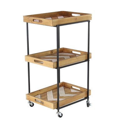 Natural Distressed Wood and Metal 3 Tier Rolling Cart Beige - Olivia & May