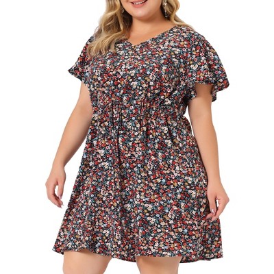 Agnes Orinda Women's Plus Size Floral Drawstring Waist V Neck Ruffle Sleeve A Line Dresses