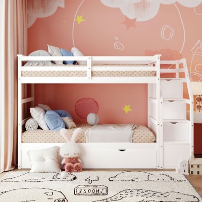 NicBex Twin over Twin Bunk Bed Pine Triple Bed Frame with Trundle, Storage Stairs and Full Length Guardrail for Bedroom, No Box Spring Required