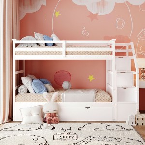 NicBex Twin over Twin Bunk Bed Pine Triple Bed Frame with Trundle, Storage Stairs and Full Length Guardrail for Bedroom, No Box Spring Required - 1 of 4