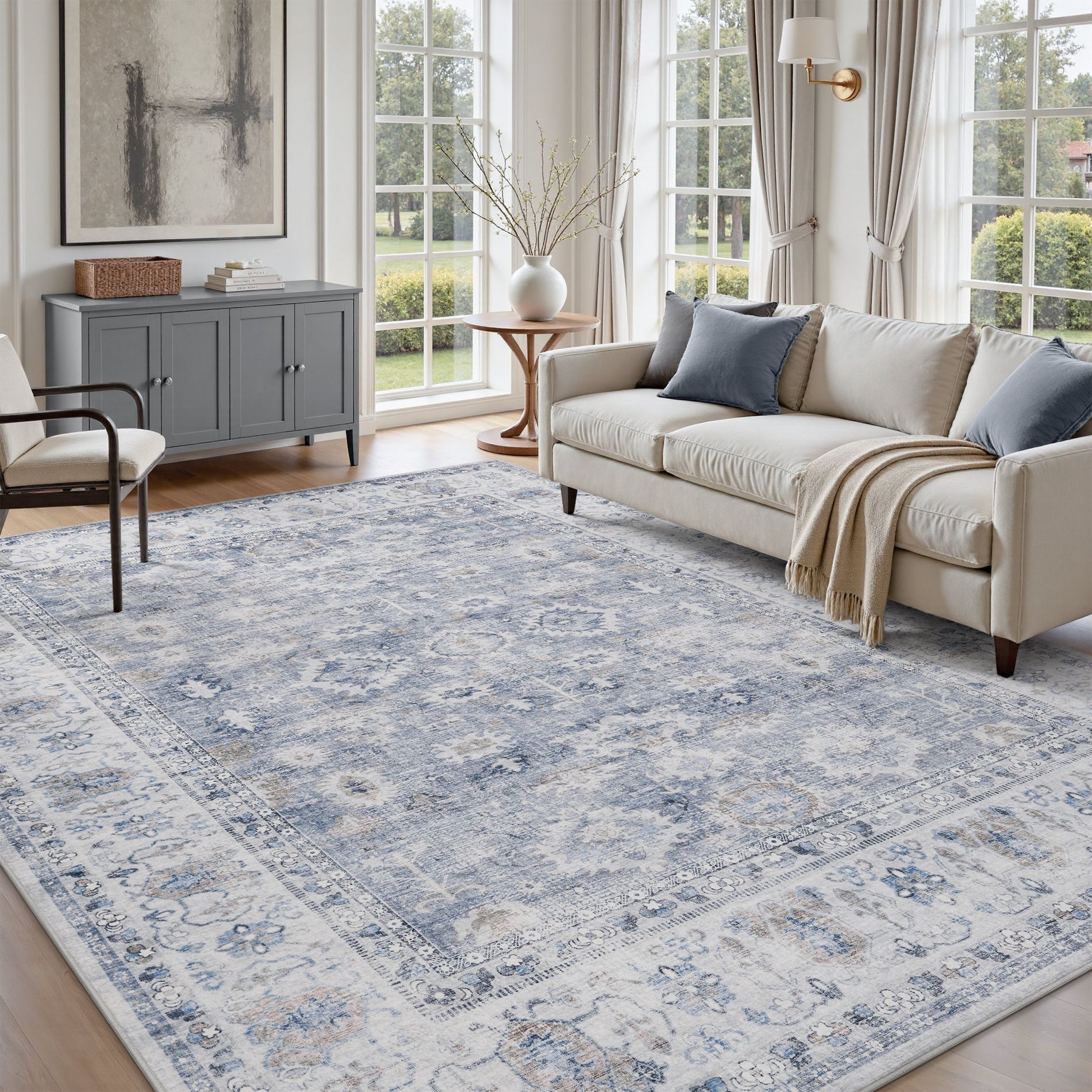 MontVoo Washable Vintage Distressed Oriental Area Rug Blue