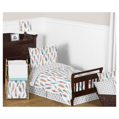 Gray & Coral Feather Bedding Set (Toddler) - Sweet Jojo Designs