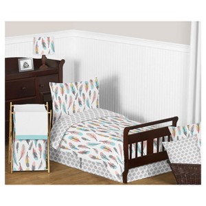 Gray & Coral Feather Bedding Set (Toddler) - Sweet Jojo Designs , Blue Gray Pink