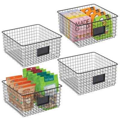 4ct mDesign Wide Steel Kitchen Organizer Basket Label Slot, 4 Pack, Matte Black