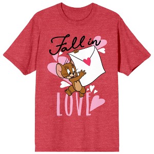 Tom & Jerry Fall in Love Women's Red Heather Short Sleeve Crew Neck Tee - 1 of 3