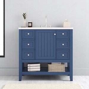 Mshliw 36" Bathroom Vanity with Ceramic Sink, One Cabinet, Three Drawers, and Open Shelf - Modern Freestanding Design - 1 of 4