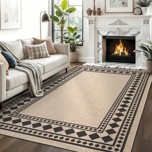 Area Rugs Modern Bordered Rug Easy Jute Rug Non-Slip Low Pile Indoor Outdoor Rugs for Living Room Patio Backyard - 1 of 4