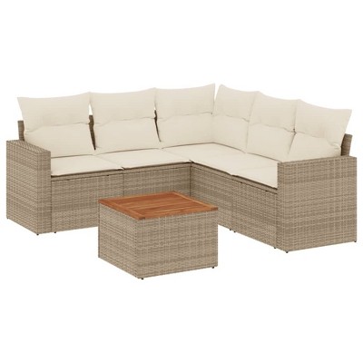vidaXL 6 Piece Patio Sofa Set with Cushions Beige Poly Rattan - Corner + Table + 2x Middle