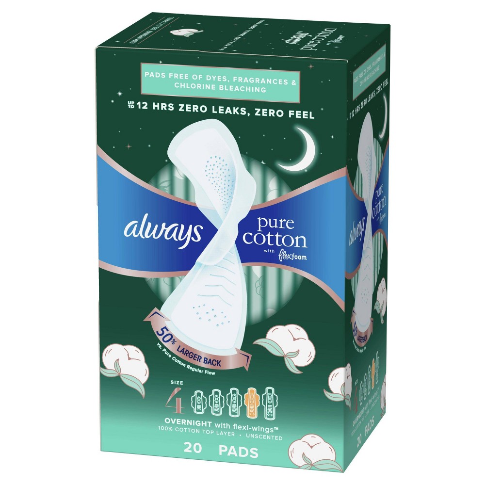 Always Pure Cotton Overnight Pads with Wings - Size 4 - 20ct