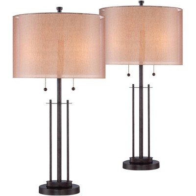 Franklin Iron Works Modern Table Lamps Set of 2 Bronze Metal Open Base Double Drum Shade for Living Room Family Bedroom Bedside