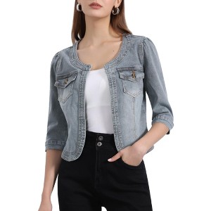 INSPIRE CHIC Women's Collarless Pockets 3/4 Sleeve Denim Jackets - 1 of 4