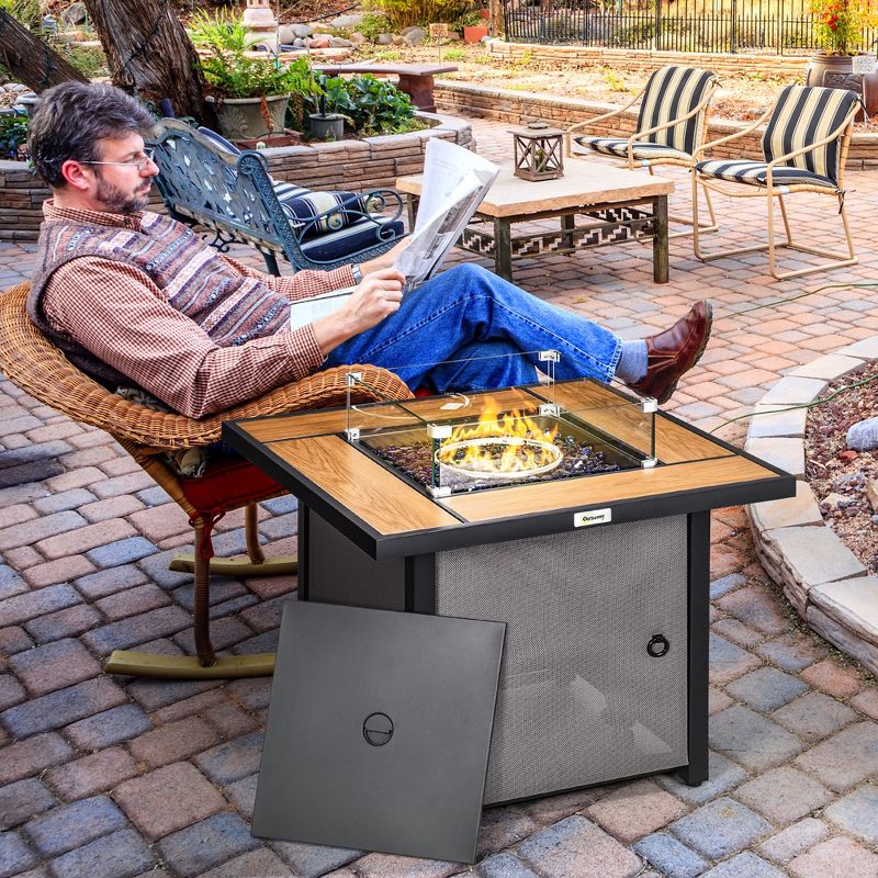 Outsunny 31.5" Propane Fire Pit Table with Lid, Square, Outdoor 50,000 BTU Gas Burner with Pulse Ignition, Rocks, Glass Guard, Waterproof Cover, Brown, 3 of 8