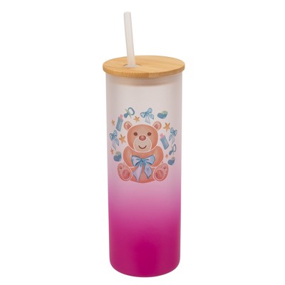 Elanze Designs 25 Ounce Frosted Glass Gradient Travel Tumbler With Straw and Wooden Lid, Boy Teddy Bear Pink