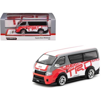 Toyota Hiace Widebody Van RHD "TRD" Gray and White with Red Graphics "Hobby64" Series 1/64 Diecast Model Car by Tarmac Works