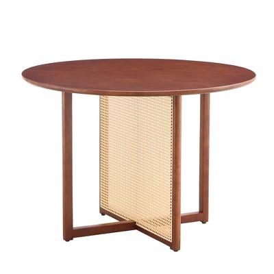 Vynxaria Retro Walnut Solid Wood Round Table, Modern Imitation Rattan Desk for Dining/Living/Office