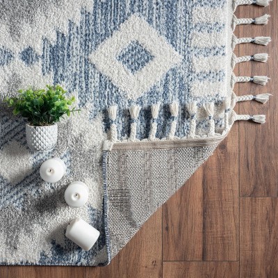 Blue and White Braided Geometric Diamond Area Rug