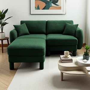 Boucle 2-Seater Loveseat L-Shaped Sectional Sofa with Shell Armrests & Ottoman - 1 of 4