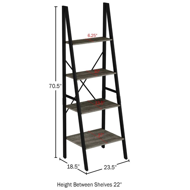 Lavish Home 4-Tier Ladder Bookshelf – Freestanding Industrial Style Wooden Shelving, Gray/Black, 2 of 9