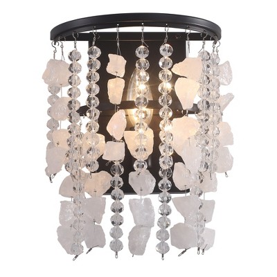 PAKOKULA 8 in. 1-Light Black Semi-Cylindrical Design Wall Sconce with Quartz and Crystal Hanging Shade